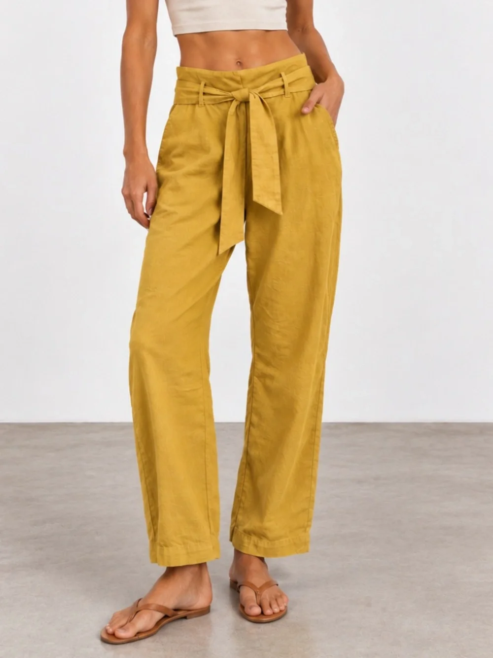 SEZANE Austin Paperbag Tie Waist Stretch Trousers Mustard Yellow Pants Sz 6 GUC
